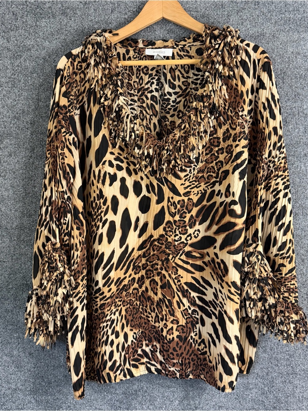 DressBarn Womens 3X Animal Print Fringe Top Tan Black Brown Artsy Office Casual